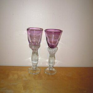 2 Vintage Pink Cranberry & Clear Glass Goblet Wine Glasses Signed Studio Glass